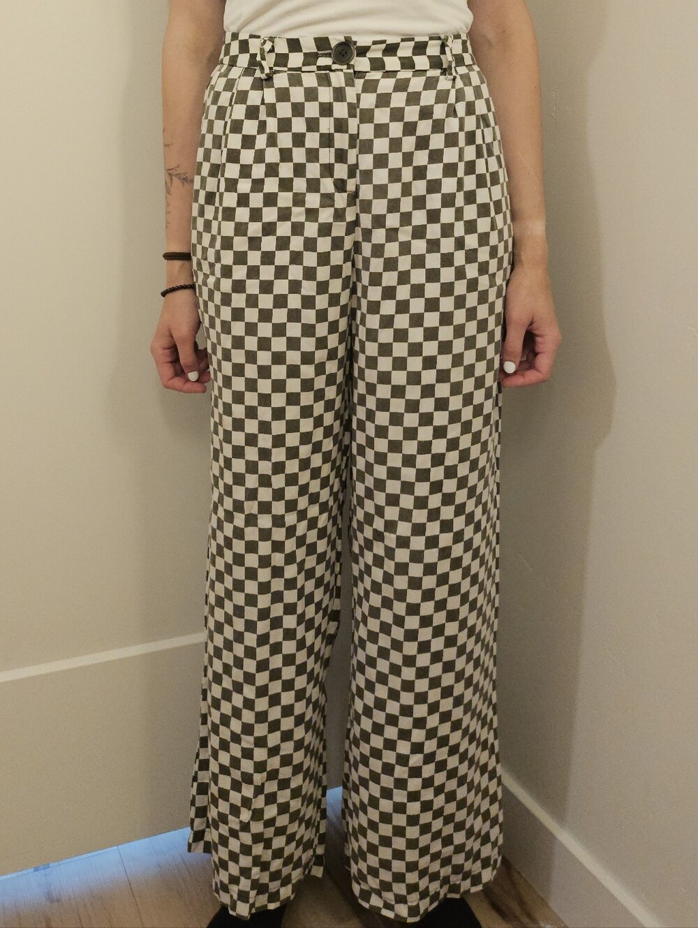VETTA Checkered Wide Leg Trousers Olive And White Tencel Size 4